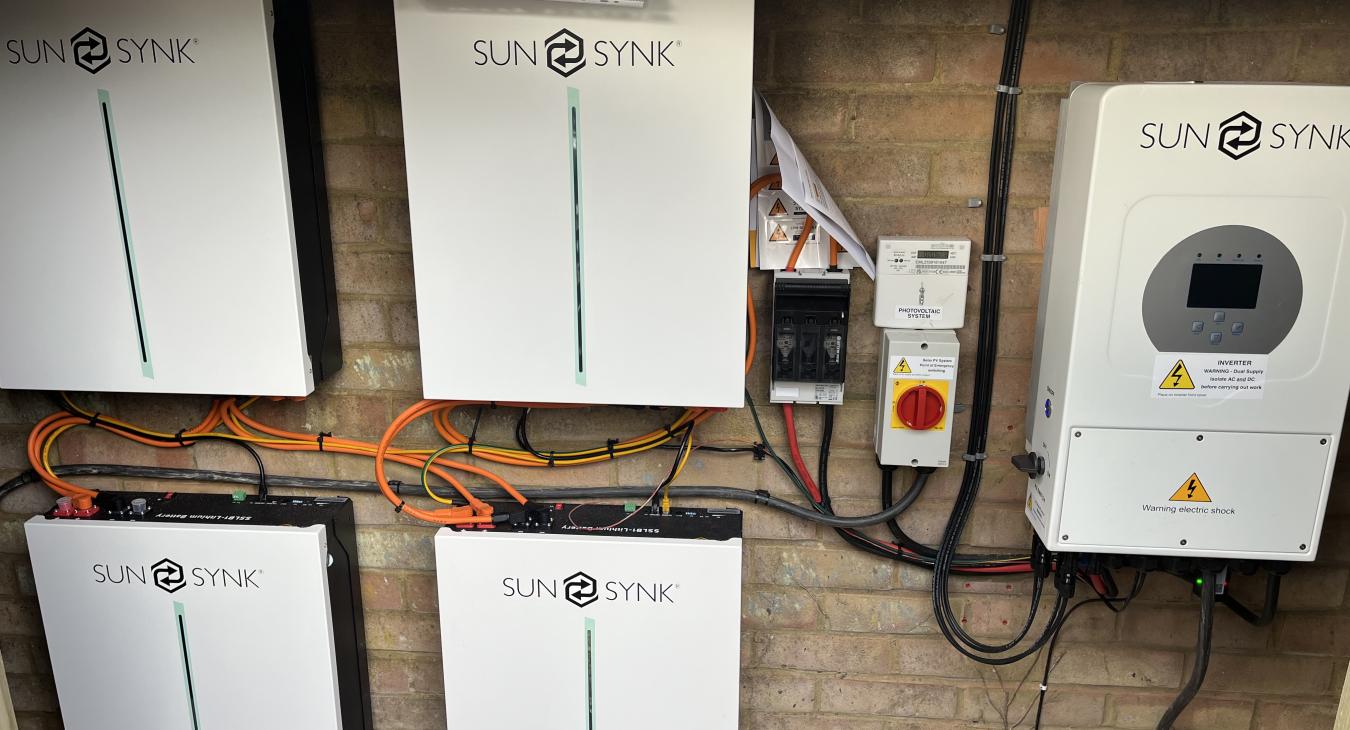 solar panel installation in Wimborne Minster, Dorset with Sunsynk inverter and batteries.